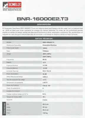 Generador Bonelly BNR-16000E2.T3 Gasolina | 13KW | Trifásico 380V / Monofásico 220V | Heavy-Duty | Línea Premium