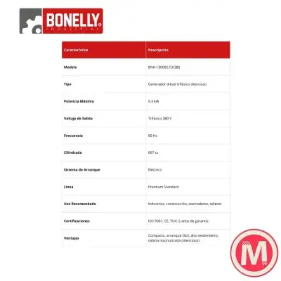 Generador Diésel Silencioso BNK-13000S.T3/380 Trifásico 380V 9KW con Pre-calentador, Arranque Eléctrico y Control Remoto – Bonelly Industrial - BNK- 13000S.T3/380