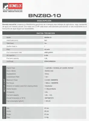 Motobomba Gasolinera Bonelly BNZ80-10 | Tipo Caracol 3x3” | Hierro 3.5HP | Línea Premium