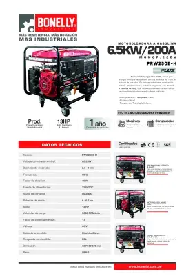 Motosoldadora 200A con Motor Gasolinero Honda GX390 13HP PRW250E-H